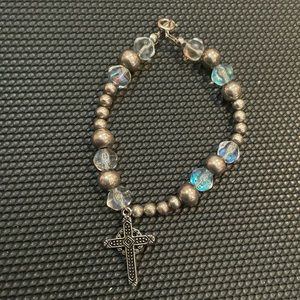 Rosary beaded bracelet cross charm 8.5” Catholic Christian clear silver new